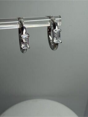 Sterling Silver plated Huggie Earrings with Clear Baguette Stones